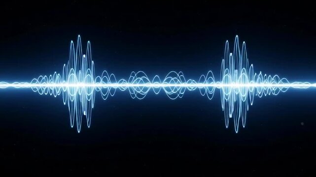 Sound waves ripple across a dark background to visualize the complex patterns of digital audio frequency.