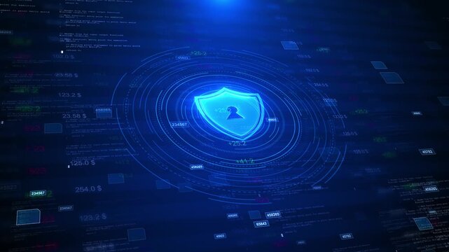 Blue cyber shield security interface glowing HUD rings, floating code, finance numbers, dark data space. cyber security videos, privacy intros, banking visuals, software alerts, protection overlays.