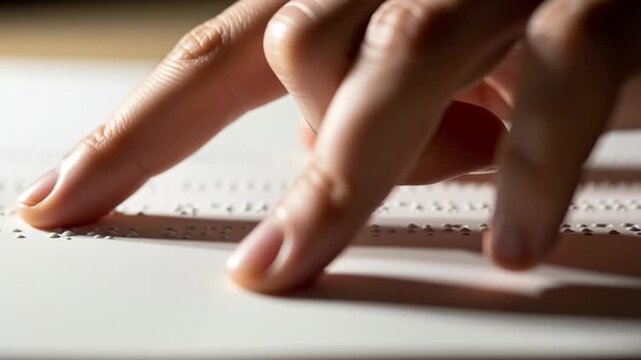 Fingertips explore the raised patterns of braille on a textured document to represent the importance of accessibility and inclusive communication for individuals who are visually impaired or blind.