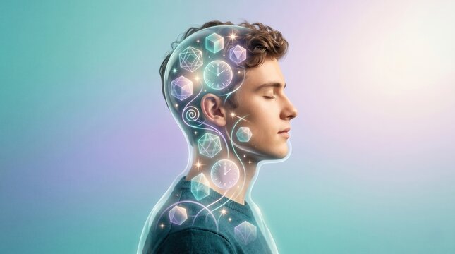 Profile view of a young man with glowing geometric shapes and clocks visible inside his mind representing consciousness
