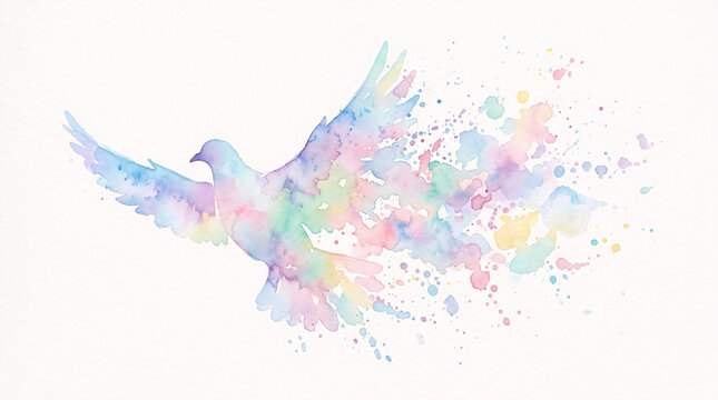 Colorful dove silhouette dissolving into particles watercolor abstract symbol