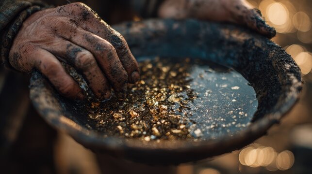 Close-up of Dirty Hands Panning for Gold in a Rustic Bowl with Water and Silt
