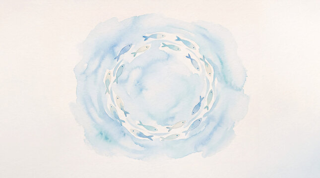 Tiny fish forming circle watercolor abstract soft aquatic design