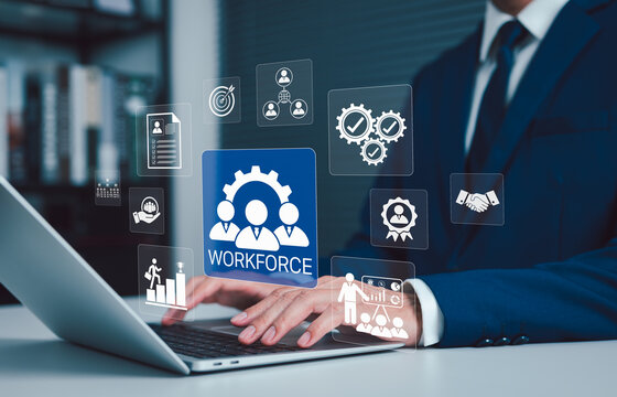 Workforce management concept. Businessman using laptop with digital HR icons representing recruitment planning, training, talent selection, corporate team building, professional career development,