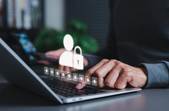 Cybersecurity and password privacy concept. User typing on laptop with digital login icon, lock symbol, passcode, secure access, authentication, online data protection, network safety system security