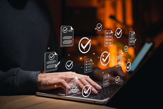 Document approval workflow concept. Businessman using laptop, showing verified files, checkmark icons, compliance review, digital paperwork, quality control, management, and audit process. certificate