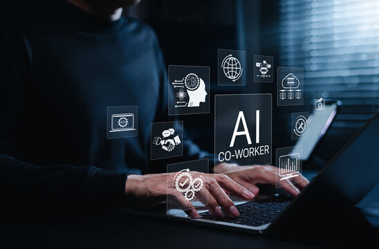 AI co-worker automation and digital workflow concept. Professional using laptop with icons for artificial intelligence, cloud systems, chatbot, coding, data tools, global network, smart productivity