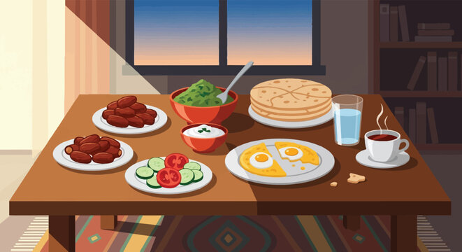 Traditional Ramadan Suhoor breakfast table with dates and flatbread, Middle Eastern morning meal vector, Islamic fasting food illustration