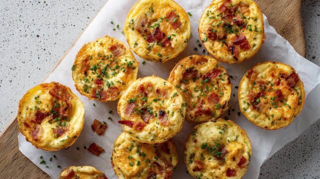 Savory Mini Bacon and Egg Bites with Fresh Chives Served on Parchment Paper