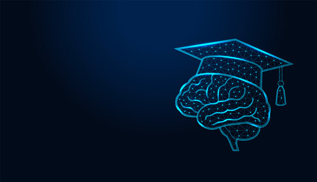 Low poly wireframe brain with graduation cap on dark blue background.