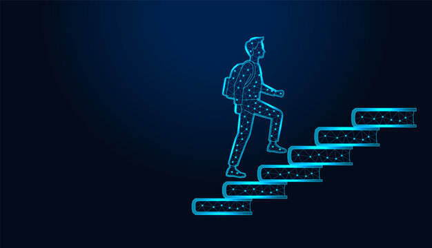 Low poly wireframe student climbing stairs made of books on dark blue background.