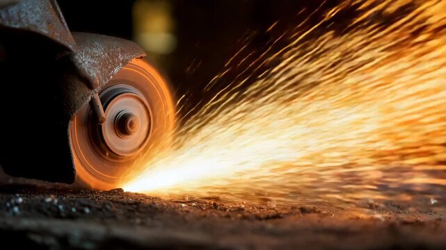 Grinding wheel sharpening steel blade with bright sparks in workshop, industrial metalworking concept, precision tool grinding, manufacturing, steel processing, engineering, crafts
