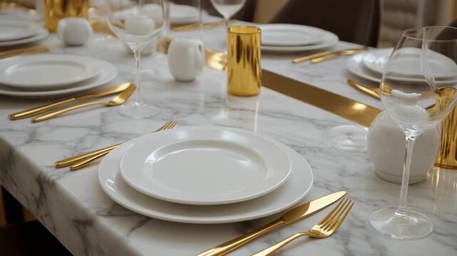 Elegant Dining Setting with White Plates and Gold Cutlery on a Marble Table
