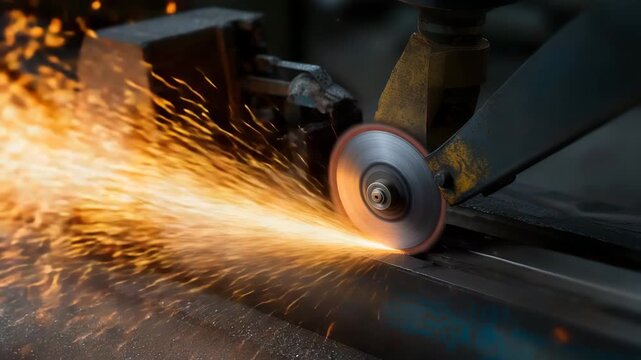 Grinding wheel sharpening steel blade with bright sparks in workshop, industrial metalworking concept, precision tool grinding, manufacturing, steel processing, engineering, crafts