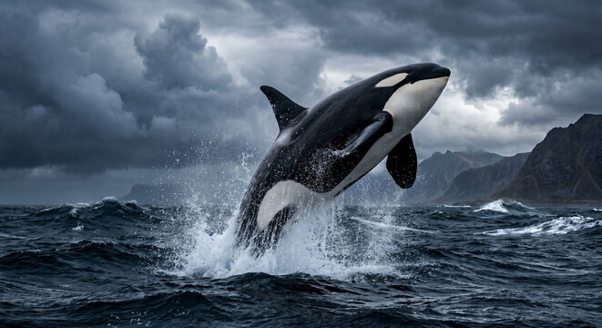 Majestic Orca Breaching from Dark Ocean