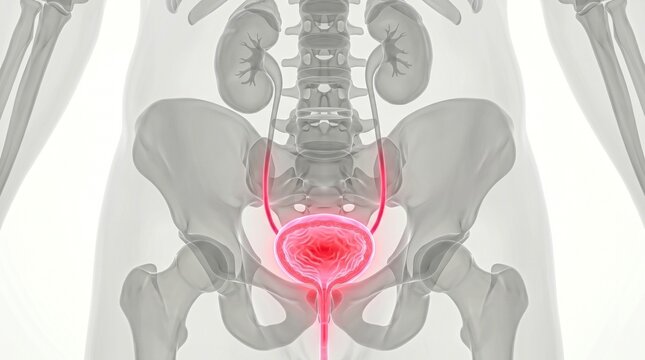 Anatomical illustration of the human urinary system, highlighting the bladder and ureters with a red glow indicating inflammation or infection.