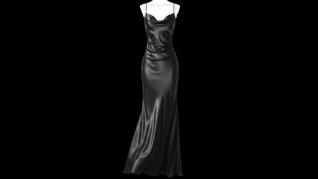 A black floor-length satin evening gown with a cowl neckline and thin spaghetti straps displayed on a mannequin against a black background