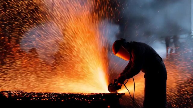 Angle grinder cutting metal with intense sparks in workshop, industrial manufacturing concept, power tool, steel processing, engineering, fabrication, construction work and dynamic