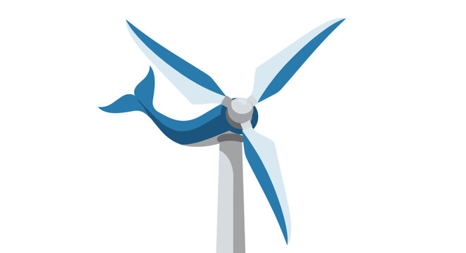 A stylized wind turbine features a unique whale tail design on the central rotor hub set against a bright and airy backdrop with soft blue accents.