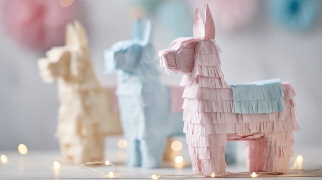Colorful paper pi&ntilde;atas in pastel shades, perfect for a festive celebration.