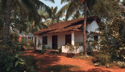 Obraz premium Traditional kerala single-story house with white walls and red-tiled roof surrounded by palm trees