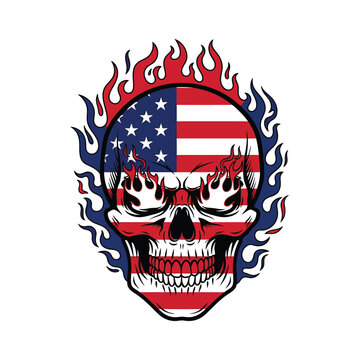 Human skull graphic with american flag pattern and burning blue flames american patriotism illustration independence patriotic