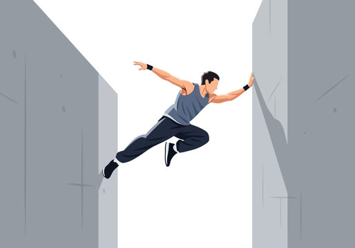Man jumping between two large walls.