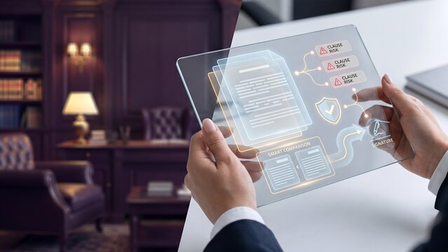 Hands holding transparent digital contract screen with clause risk alerts, smart comparison and signature workflow for legal technology, compliance review and document validation system use.
