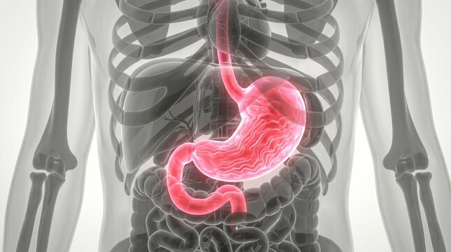 Anatomical illustration of the human stomach and surrounding digestive organs, highlighted in red within a skeletal outline.
