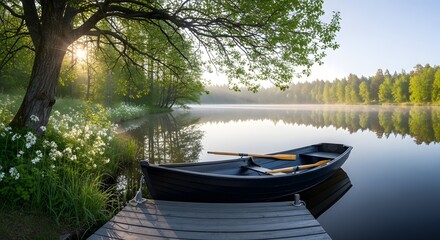 Fototapeta premium A serene rowboat docked at a peaceful lakeside pier during a sunny morning.