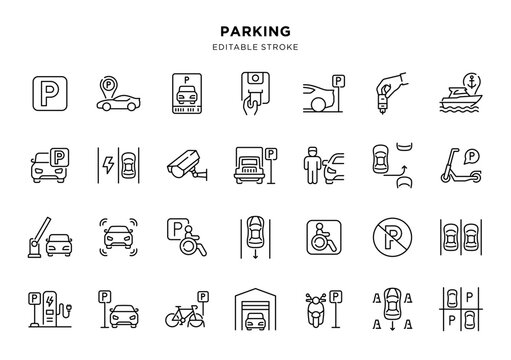 Parking line icons set with editable stroke