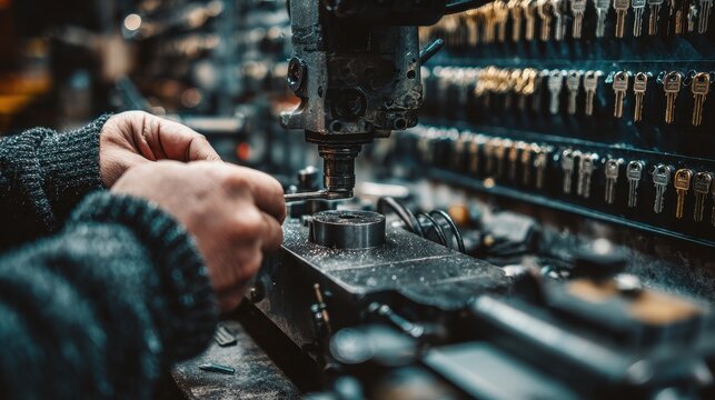 Professional locksmith hands cutting a duplicate key on a specialized machine in a workshop