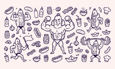 Obraz premium Vector doodle set of hotdog mascots with street food elements. Hand-drawn black line art collection of fast food characters and icons isolated on a light background.
