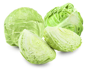 Obraz premium green cabbage with pieces isolated on white background. clipping path