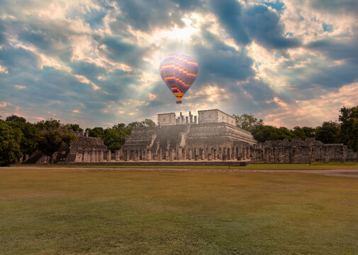 Famous El Castillo pyramid with shadow of serpent at Maya archaeological site of Chichen Itza in Yucatan, Mexico