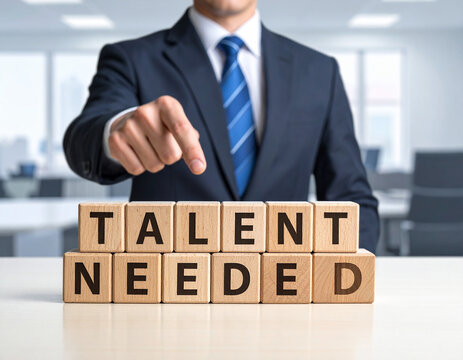 Talent needed - Geschäftsmann zeigt auf den Text "Talent needed"