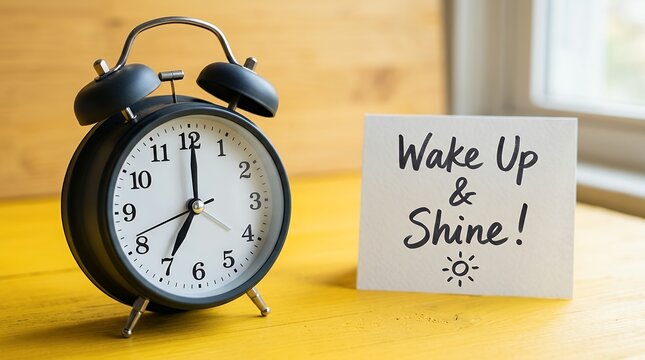 A classic black twin bell alarm clock sits on a yellow wooden surface next to a white card with the handwritten message Wake Up Shine time morning reminder early start day