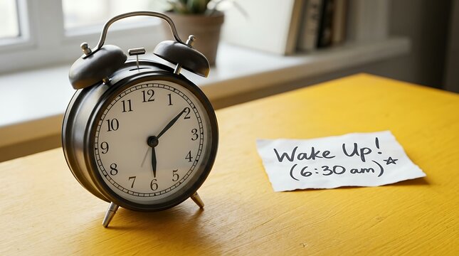 Vintage alarm clock shows 6 30 am next to a handwritten note saying Wake Up placed on a bright yellow wooden surface near a window morning time retro schedule punctuality