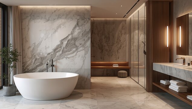A modern luxury bathroom interior featuring a large white bathtub and elegant marble accents