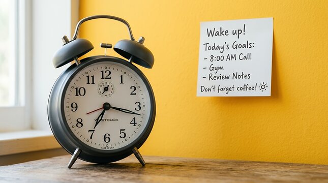 Classic double bell alarm clock sits on a wooden surface next to a handwritten sticky note with a to do list and a sunny icon Wake up Today's Goals 8 00 AM Call Gym Review Notes Don't forget