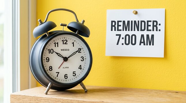 Retro twin bell alarm clock set to 7 00 AM sits on a wooden surface beside a white note with the word REMINDER and the time displayed 700 AM notification morning early punctual