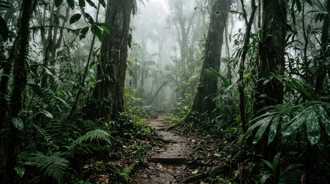 Mysterious wet deep forest morning mist jungle
