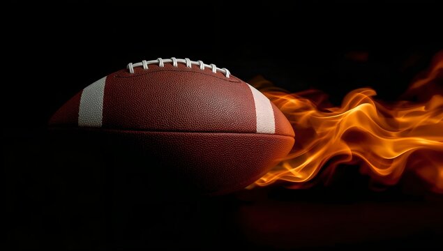 A football enveloped in flames against a stark black backdrop. The football features iconic white stripes, and the fiery effect conveys a sense of speed and intensity