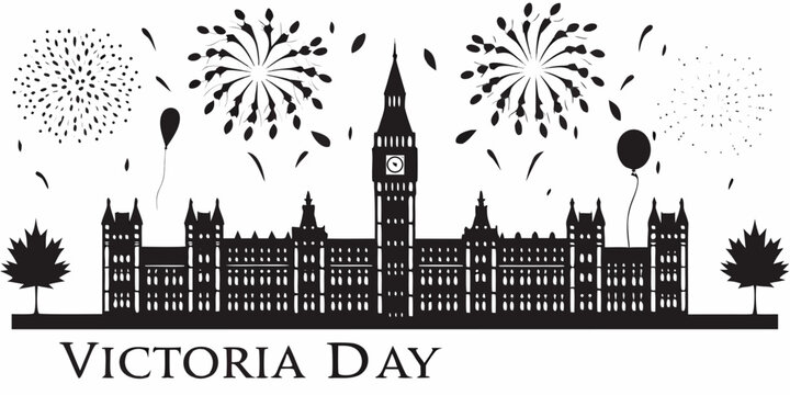 victoria day silhouette illustration with fireworks and parliament buildings