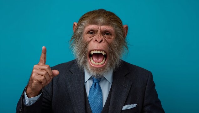 A chimpanzee in a business suit points upwards, mouth open in an intense expression.