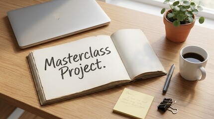 Fototapeta premium An open book with Masterclass Project handwritten on its page rests on a wooden desk beside a laptop potted plant and coffee text writing computer technology mug drink beverage