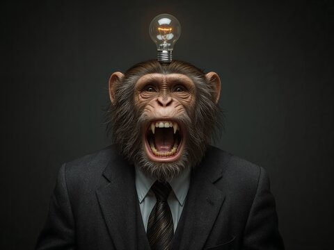 Monkey with a lightbulb in a business suit. This thought-provoking image features a monkey in a suit, with a lightbulb placed above its head, representing ideas and intellect.