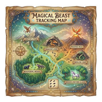 Vintage magical beast tracking map on parchment showing mythical creature locations like dragon's den and unicorn glade