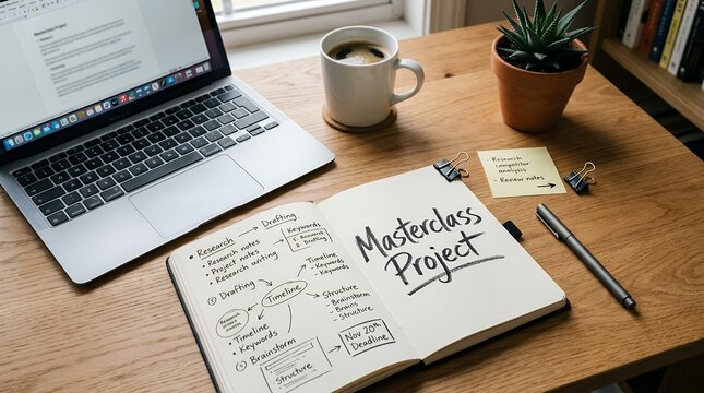 A laptop displays a document next to an open notebook with handwritten notes about a project a cup of coffee and a succulent plant on a wooden desk writing planning research