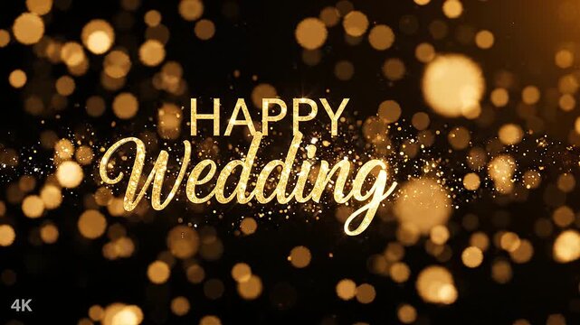 Black Gold Wedding Invitation Background with Happy Wedding Text 4K